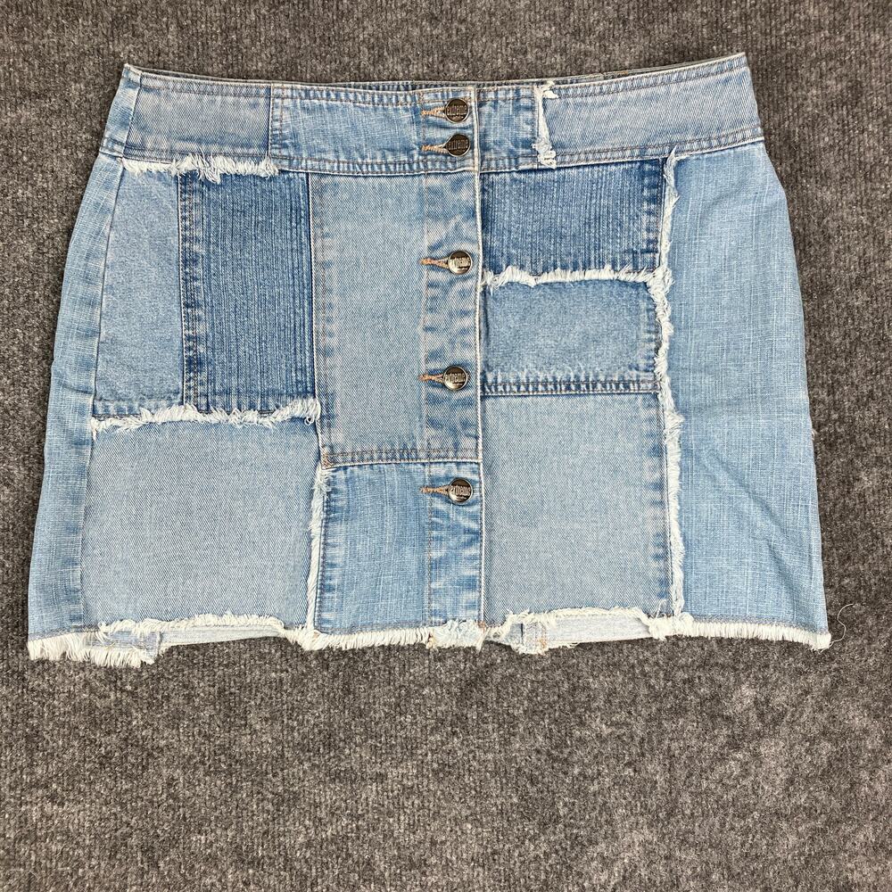 Extreme Limit Skirt Womens 13 Blue Patchwork Denim Frayed Y2K‎ Button Front